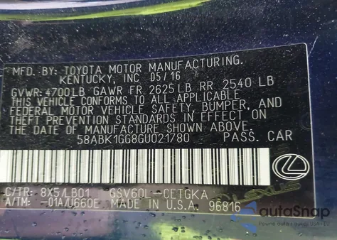 2016 Lexus Es 350 из США, поврежденный, VIN 58ABK1GG8GU021780